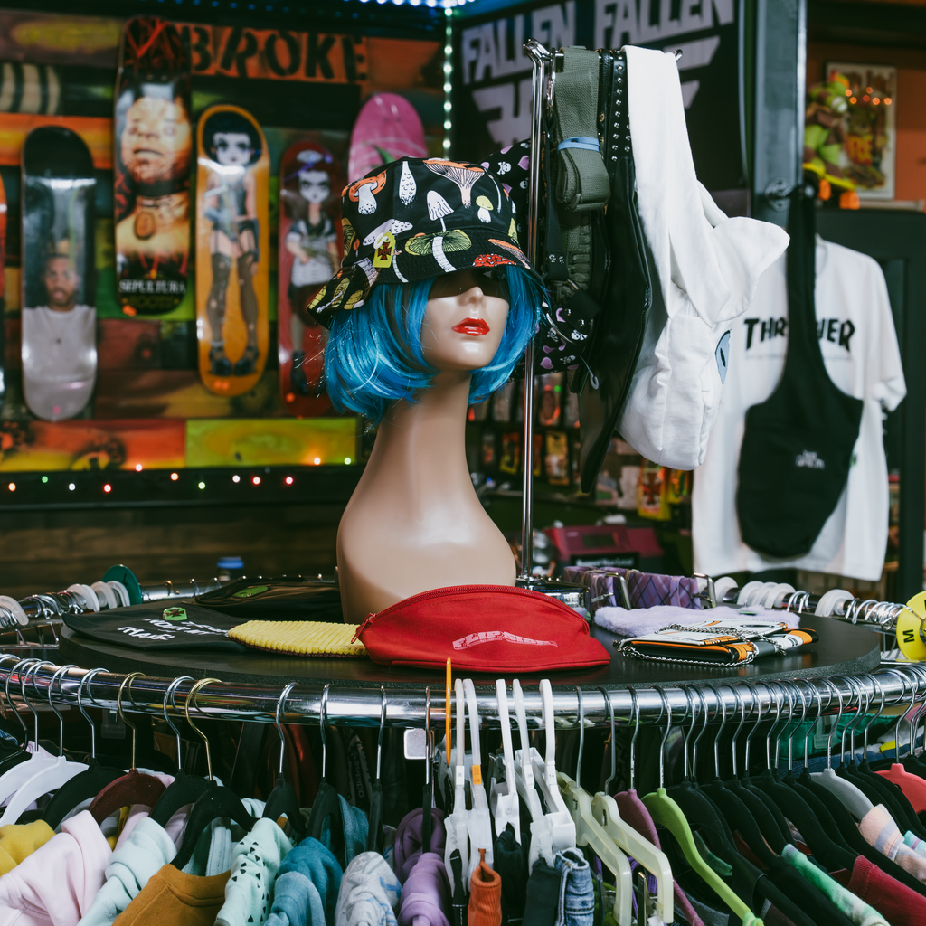 Broke Sk8 apparel displayed on a mannequin inside the shop