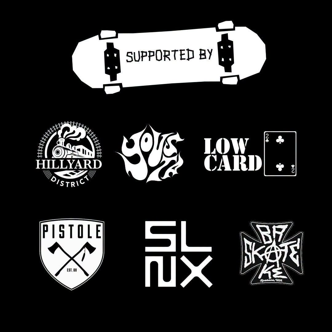 Supported by sponsor logos: Hillyard District, Low Card, Pistole, Slnx, and Broke Sk8