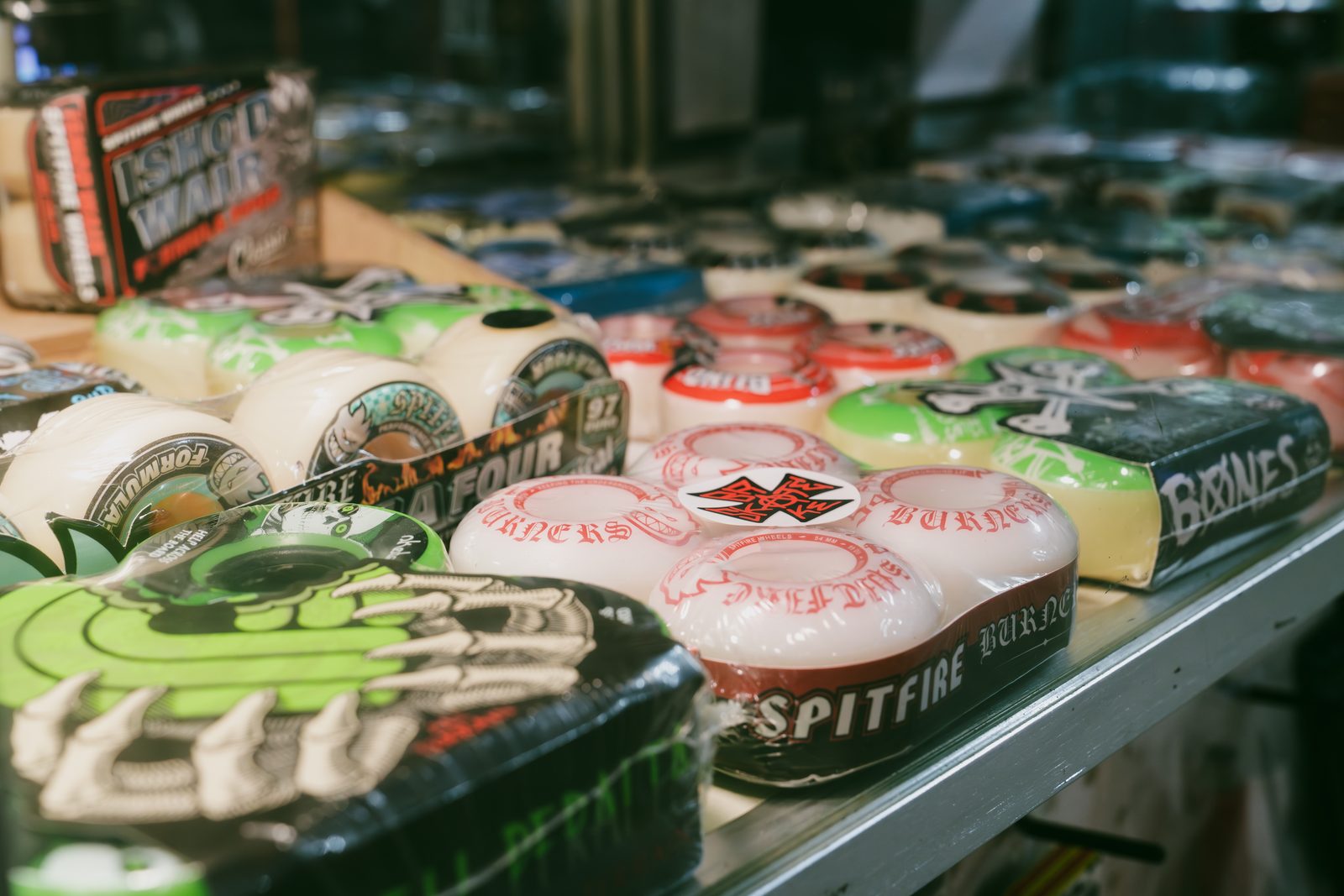Skateboard wheels on the shelf at Broke Sk8